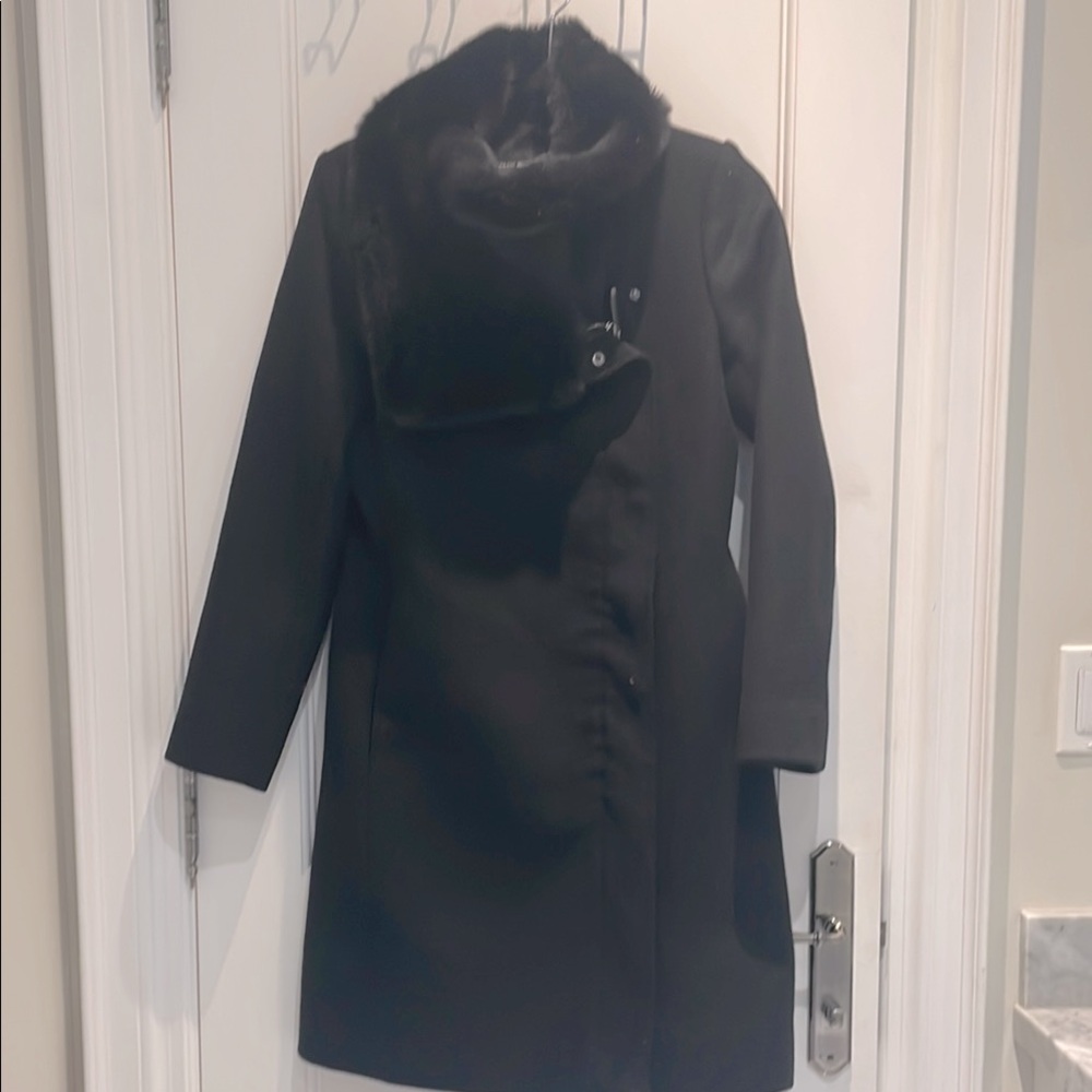 Club Monaco Black Coat with Fur Collar